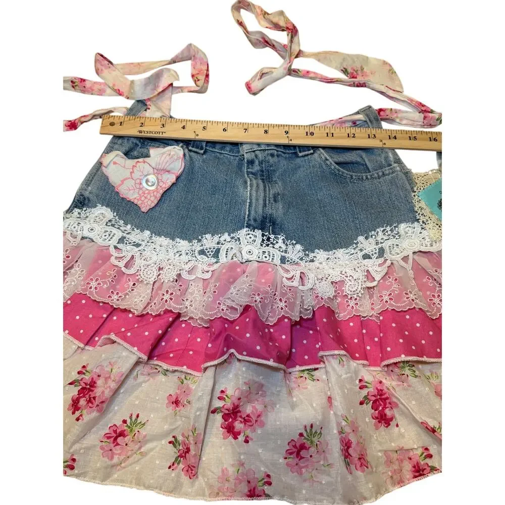 Sweet Robin's Nest Upcycled Denim Ruffle Apron Skirt Floral Lace Pink Blue NWT